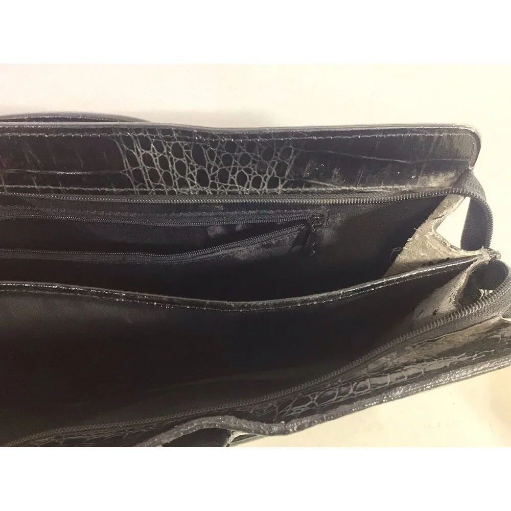 Vintage Croc Embossed Black Leather Laptop Bag Briefcase